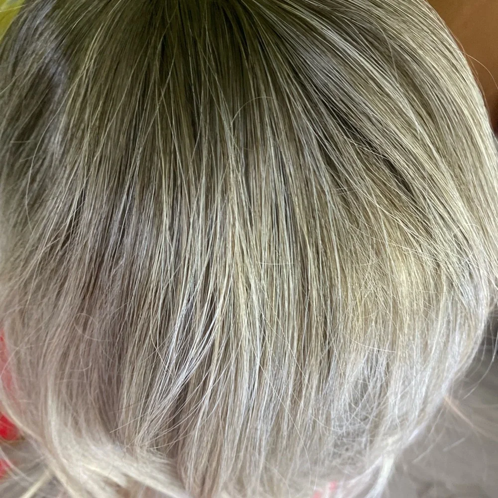 grey blonde  long layered wig curtain bangs